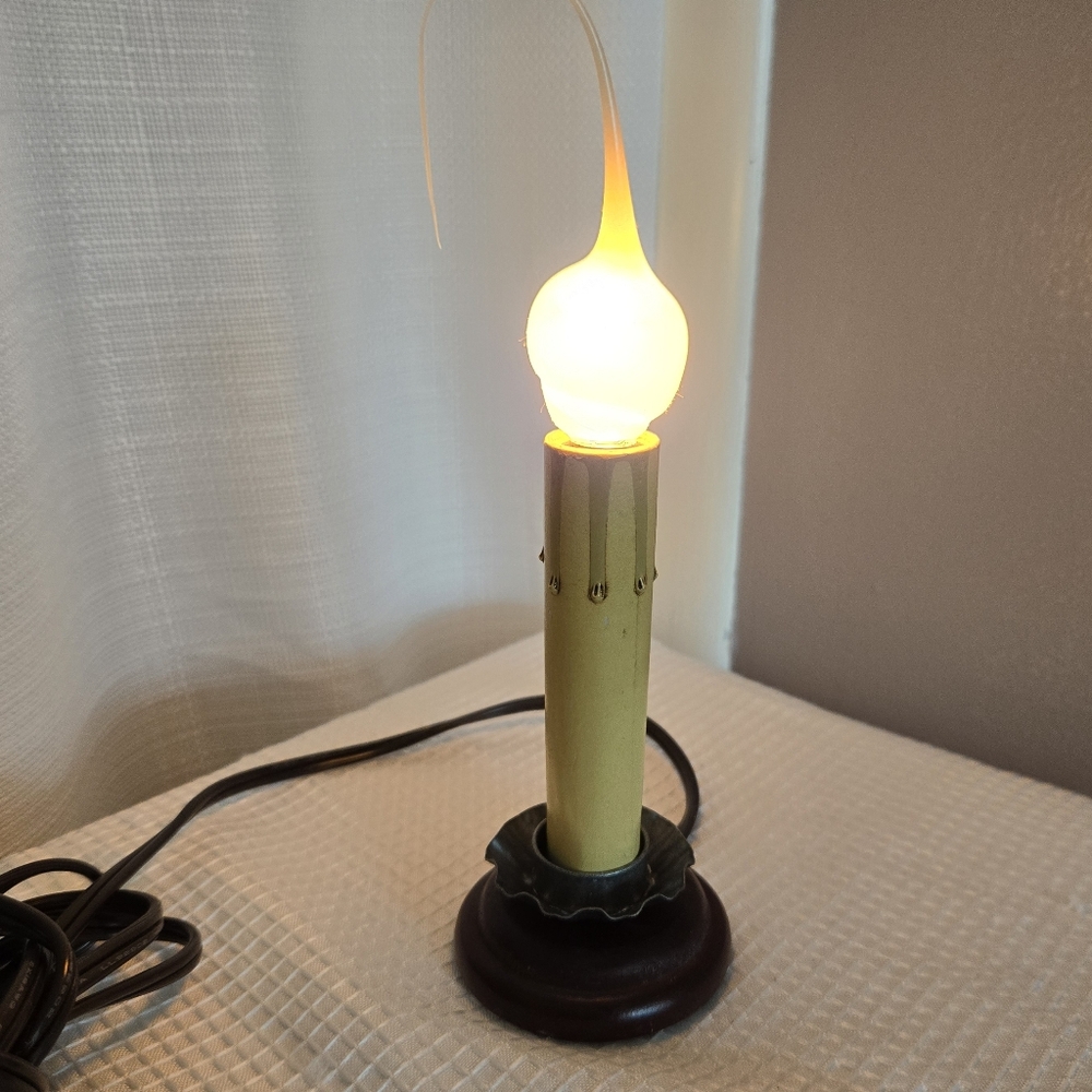 Vtg Primitive Candlestick Light Tin Wood Base Silicone Bulb Switch Country
